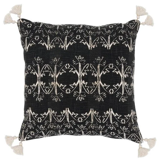 Kids Pillows with Fun DesignsBenzara BM228919 Printed Textured Fabric Throw Pillow with Tassels Corners, Black and Cream