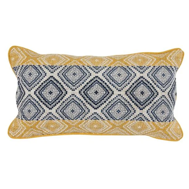 Soft and Fluffy Pillows for Bedroom ComfortBenzara BM228925 Fabric Throw Pillow with Embroidered Diamond Pattern, Yellow and Blue