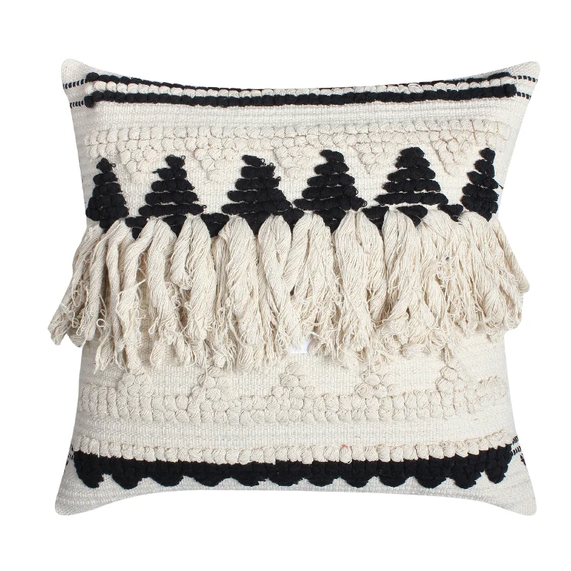 Cooling Pillows for Hot SleepersBenzara BM221678 20 x 20 Handwoven Cotton Accent Pillow with Fringe Details, White and Black