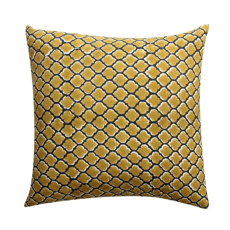 Back Support Pillows for Office ChairsBenzara 18 x 18 Hand Block Cotton Pillow with Quatrefoil Details, Set of 2, Yellow and Black