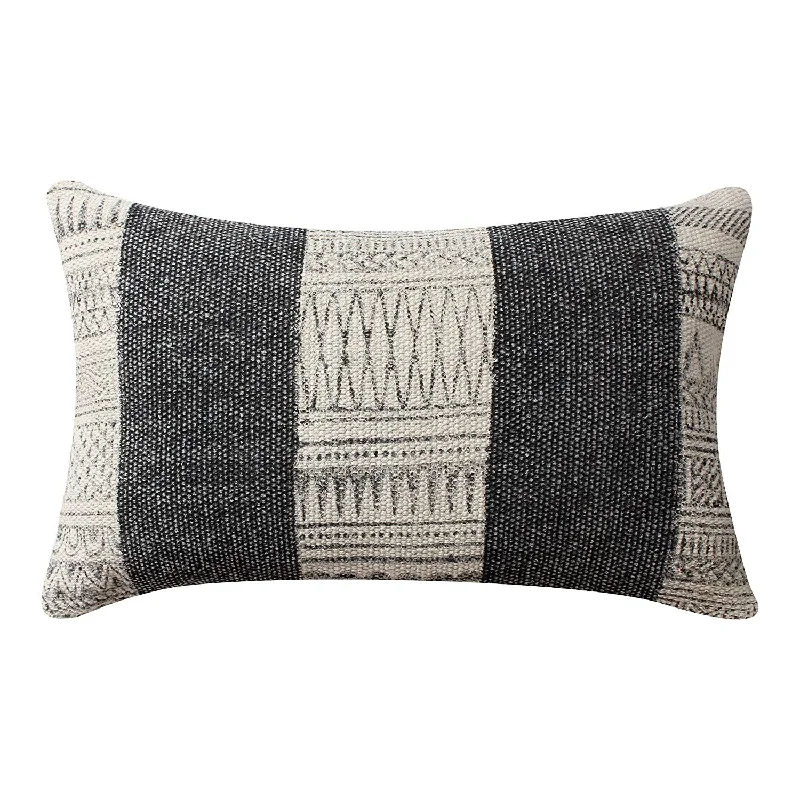 Bolster Pillows for Sofa DecorationBenzara 12 x 20 Hand Woven Cotton Dhurri Pillow with Kilim Pattern, Gray and White