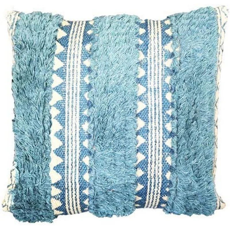 Down Alternative Pillows for Ethical ChoicesBenzara BM219717 18 x 18 Fringed and Block Printed Cotton Accent Pillow Cover, White and Blue