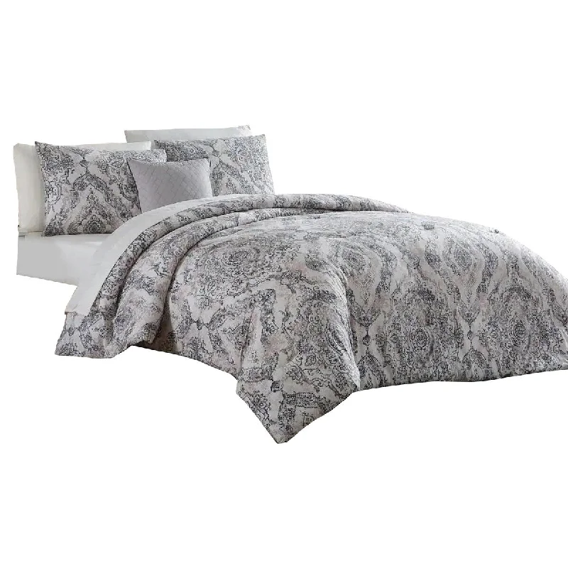 Moisture - Wicking Cotton Sheets for a Dry and Comfortable SleepLance 8 Piece Queen Bed Set, Damask Print, The Urban Port, White, Gray