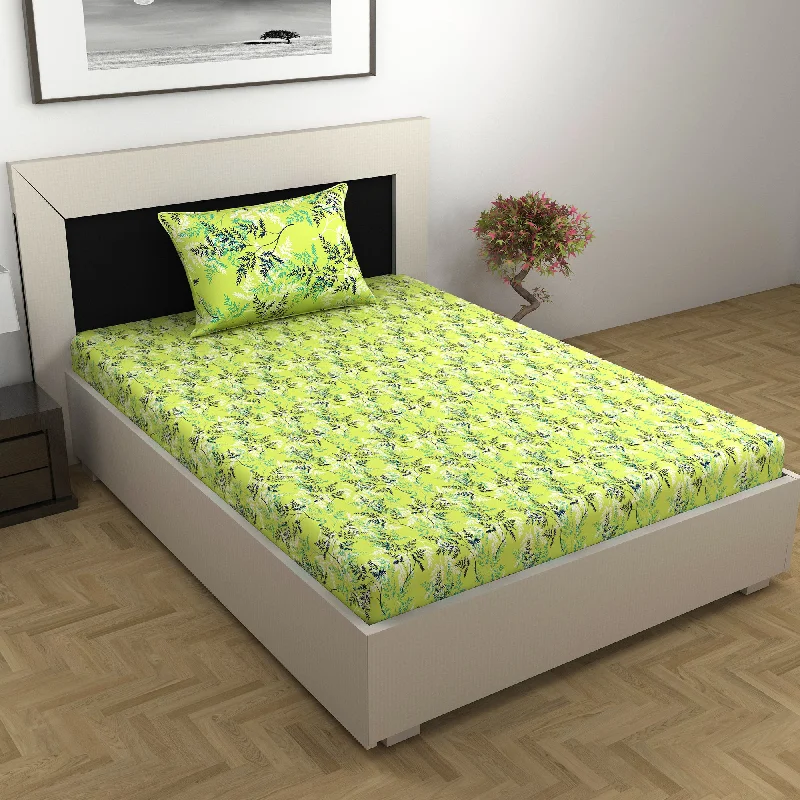 Queen - Size Sheet Sets with a European Pillowcase SetLady Fern Floral Lime Green Bedsheet for Single Bed - 100% Cotton