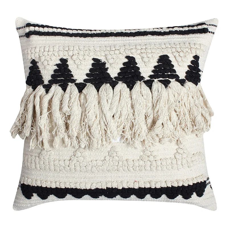 Plush Pillows for a Cozy BedBenzara BM219703 20 x 20 Fringed Cotton Accent Pillow Cover, White and Black