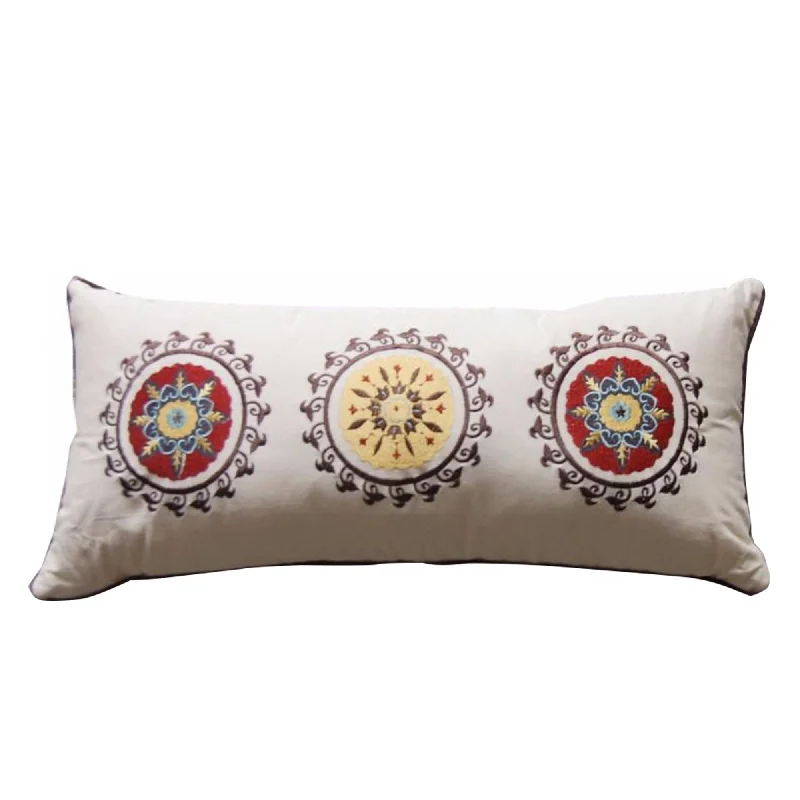 Cotton Pillows for Natural ComfortBenzara Elbe Rectangular Fabric Neck Roll Pillow with Floral Embroidery, Multicolor