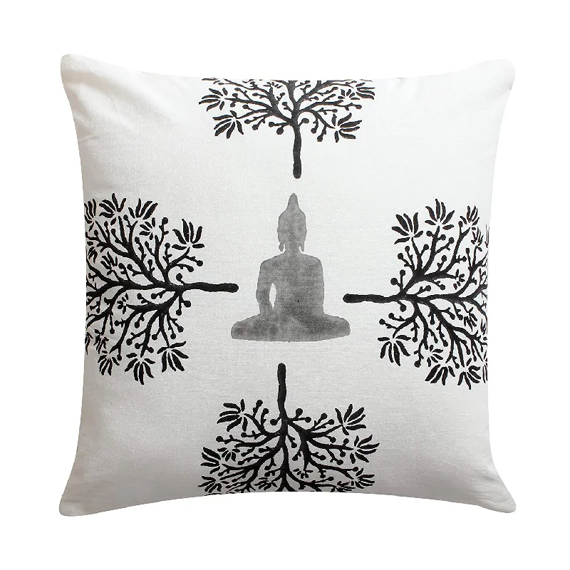 Down Alternative Pillows for Ethical ChoicesBenzara 18 x 18 Hand Block Printed Buddha and Trees Cotton Pillow, White and Black