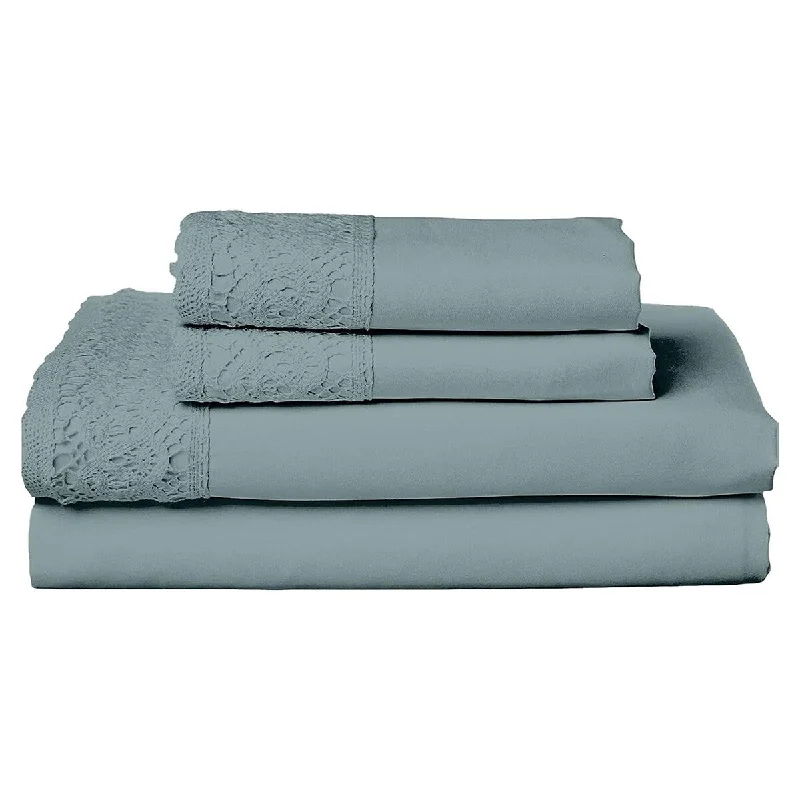 Wrinkle - Free Polyester Sheets for a Low - Maintenance BedEdra 4 Piece Microfiber King Size Sheet Set with Crochet Lace, Teal Gray