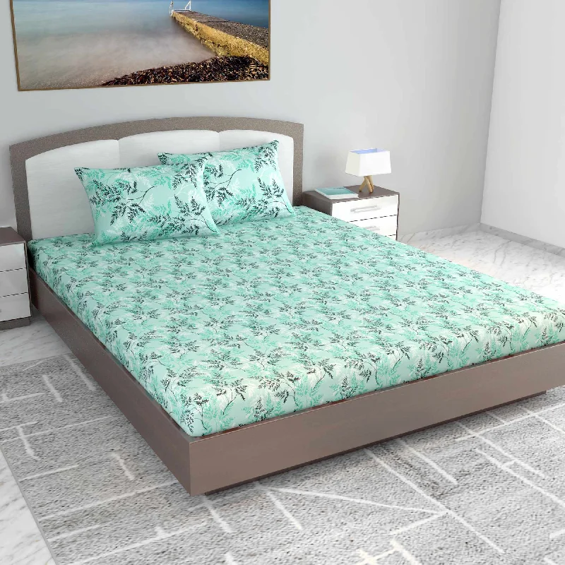 Fitted Sheets with Reinforced Corners for Long - Lasting UseLady Fern Floral 100% Cotton Bedsheet for King Size Bed - Green