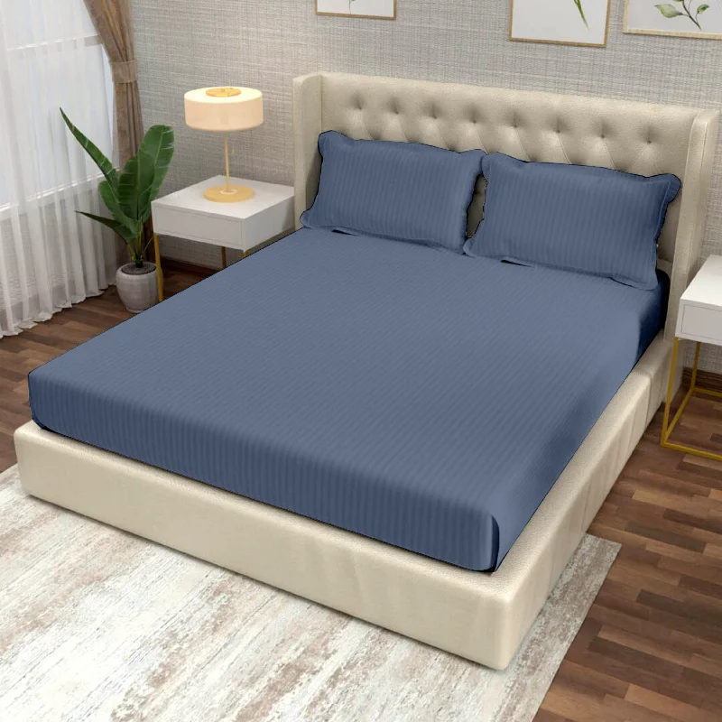 Thermal - Regulating Bamboo Sheets for All - Season ComfortMed Blue Italian Stripes Flat King Size Bedsheet