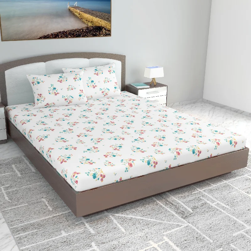 Fitted Sheets with Reinforced Corners for Long - Lasting UseFloral Teal Ultrafine Cotton 144 TC Flat Bedsheet for King Size Bed