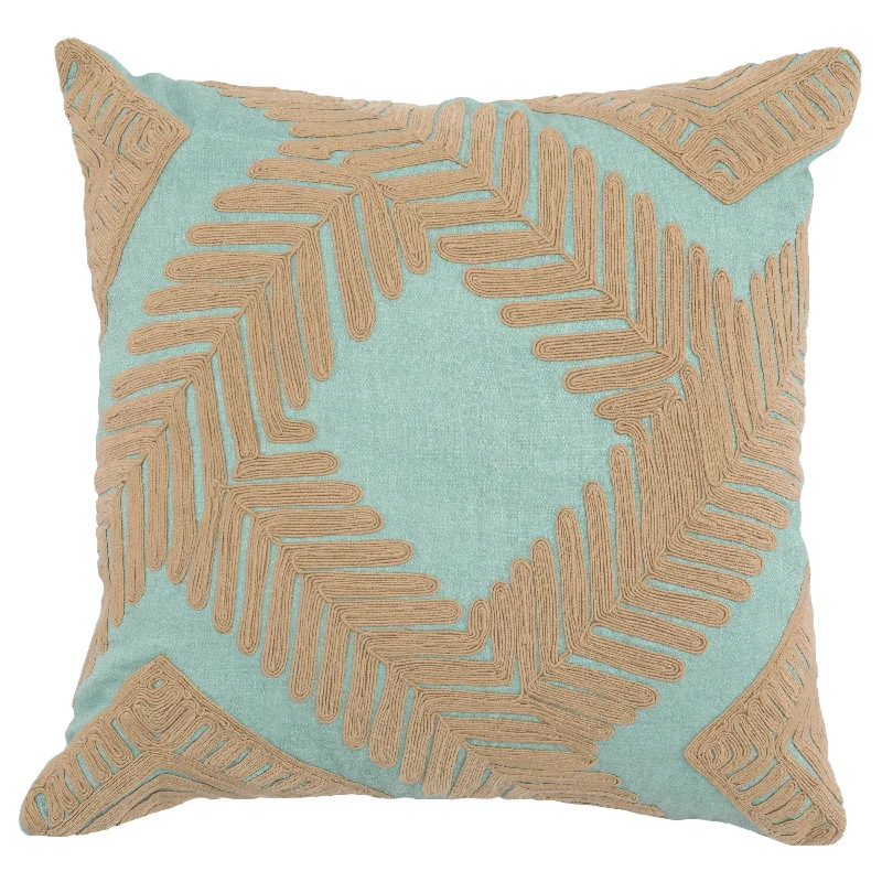 Square Pillows for Modern Home DecorBenzara BM228590 Fabric Throw Pillow with Embroidered Leaf Pattern, Blue and Brown