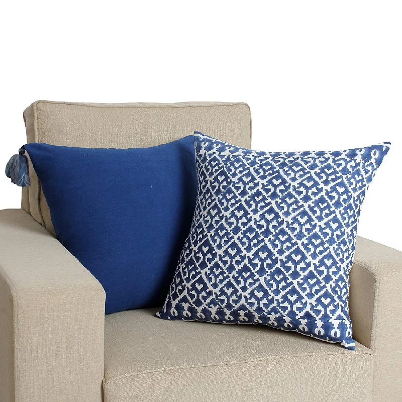 Velvet Pillows for a Touch of EleganceBenzara 18 x 18 Hand Block Printed Cotton Pillow with Ikat Pattern, White and Blue