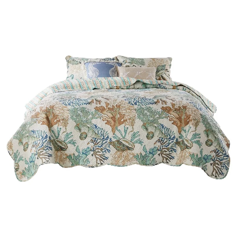 Flat Sheets with a High - Quality Finish for a Luxurious LookWade 4 Piece Twin Quilt Set, Ocean Design, Scalloped Edges, Floral Pattern