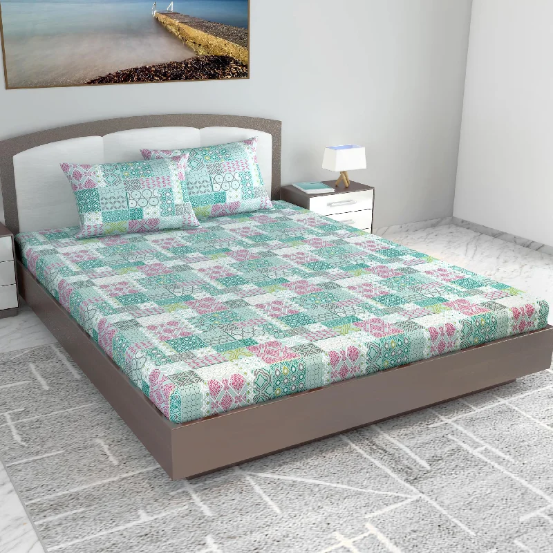 Fitted Sheets with Reinforced Corners for Long - Lasting UseTeal Jaipuri Print 100% Cotton Bedsheets for King Size