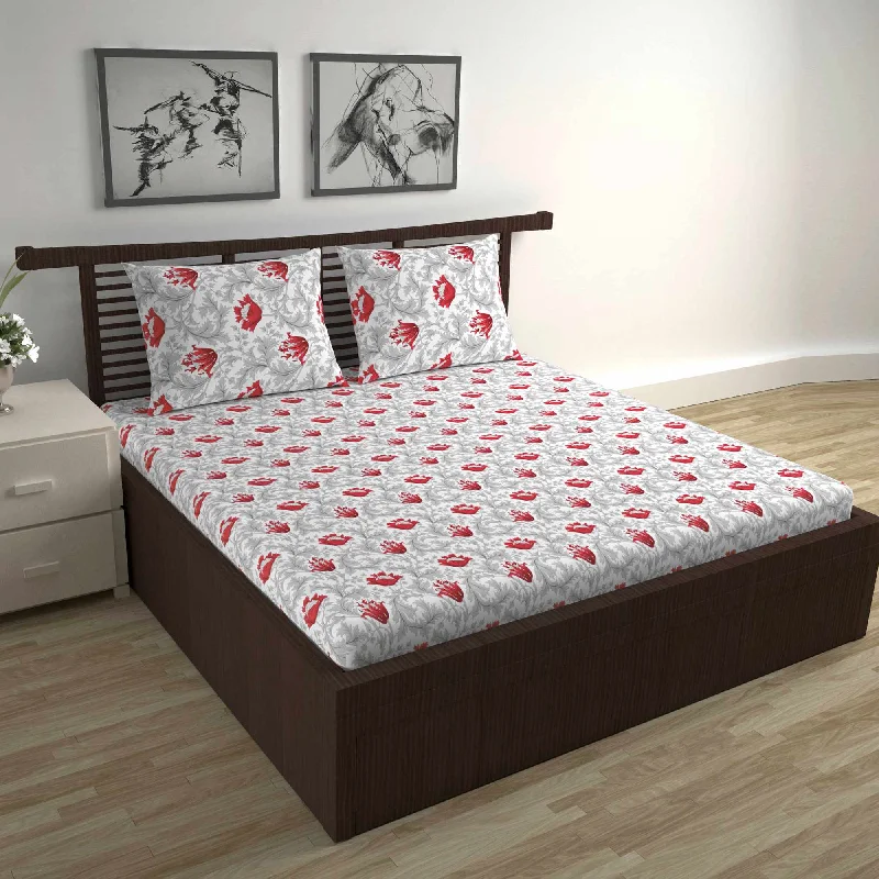 Wrinkle - Free Polyester Sheets for a Low - Maintenance BedTulip Floral 100% Cotton Bedsheet for Double Bed - Grey and Red