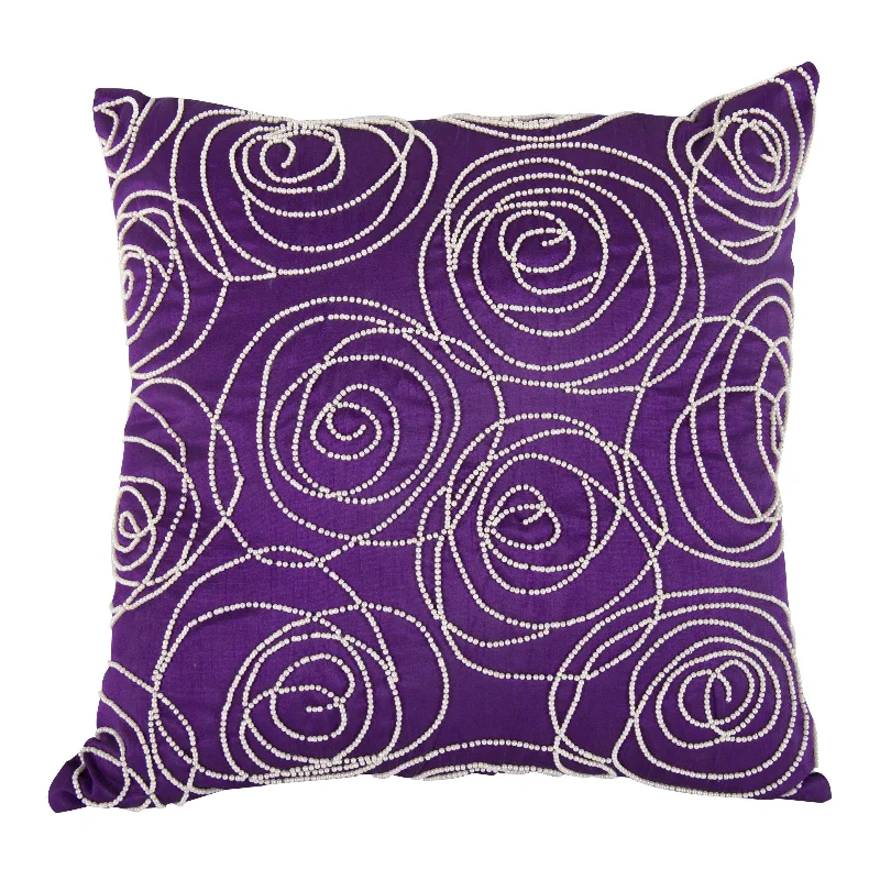 Firm Pillows for Side SleepersBenzara Designer Faux Silk Cotton Pillow with Pearl Beads, Purple and Silver,