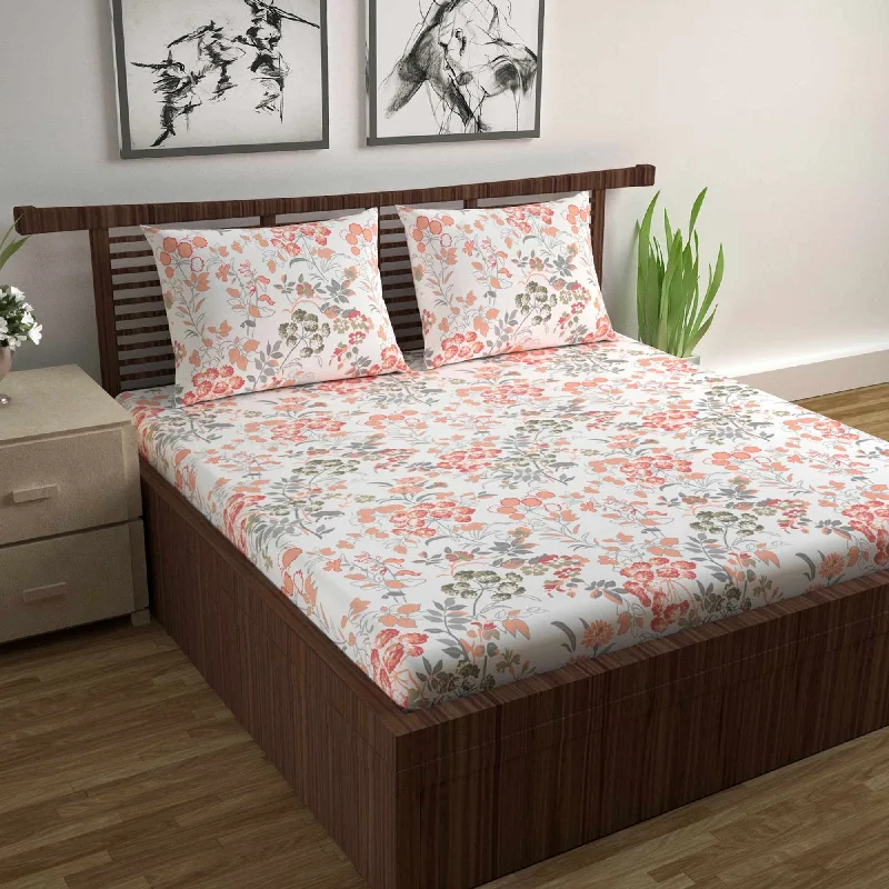 Anti - Pill Microfiber Sheets for a Smooth AppearanceVintage Floral 100% Cotton Bedsheet for Double Bed- Peach