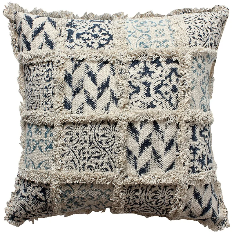 Round Pillows for Boho-Style InteriorsBenzara BM219702 Cotton Block Printed Dhurrie Cushion Cover with Trimmed Fringe Design, White