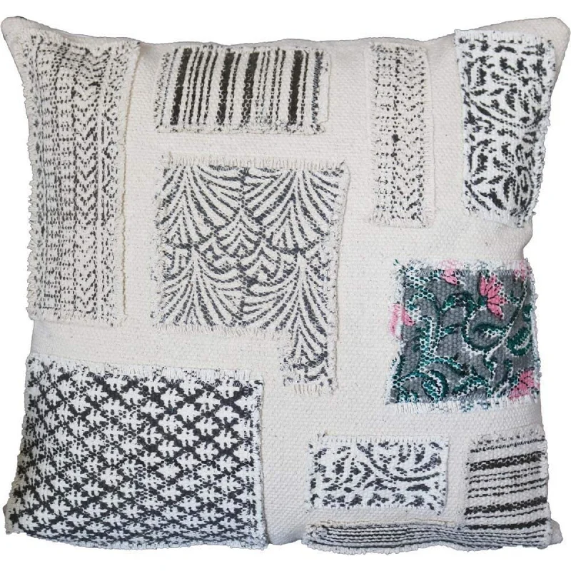 Square Pillows for Modern Home DecorBenzara BM219713 18 x 18 Patched Cotton Accent Pillow Cover with Block Print, White and Black