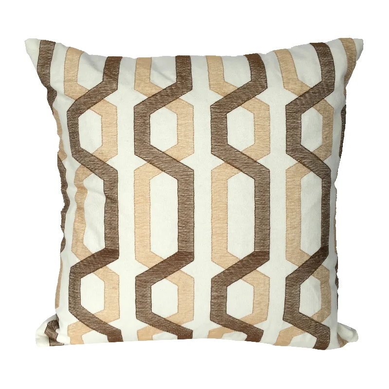 Travel Pillows for Long JourneysBenzara Contemporary Cotton Pillow with Geometric Embroidery, White and Brown