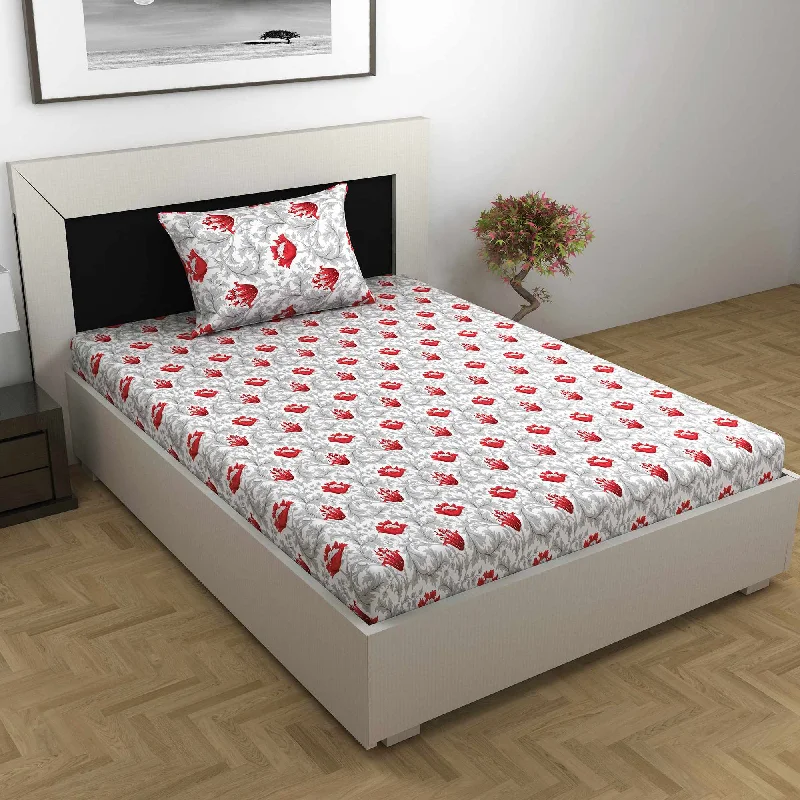 Quilted Cotton Sheets for a Warm and Inviting BedTulip Floral 100% Cotton Bedsheet for Single Bed - Grey and Red