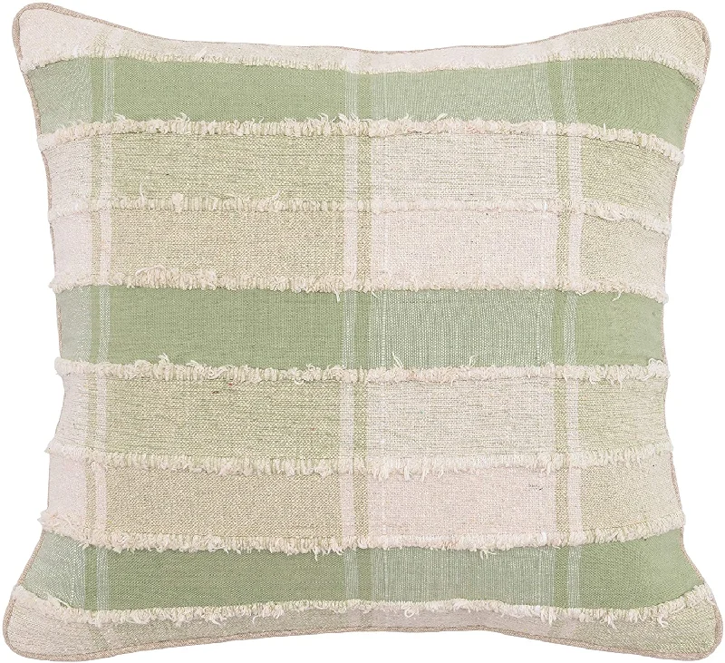 Square Pillows for Modern Home DecorBenzara BM228606 Fabric Throw Pillow with Plaids and Shag Stripes Accent, 20 inch, Green