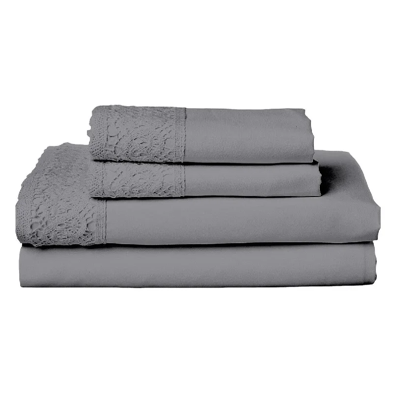 Sheet Sets with Multiple Pillowcase OptionsEdra 4 Piece Microfiber Queen Size Bed Sheet Set with Crochet Lace, Gray