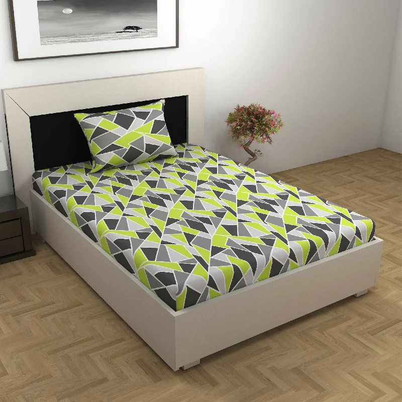 Anti - Pill Microfiber Sheets for a Smooth AppearanceTriangle Lime Green and Grey Bedsheet for Single Bed - 100% Cotton