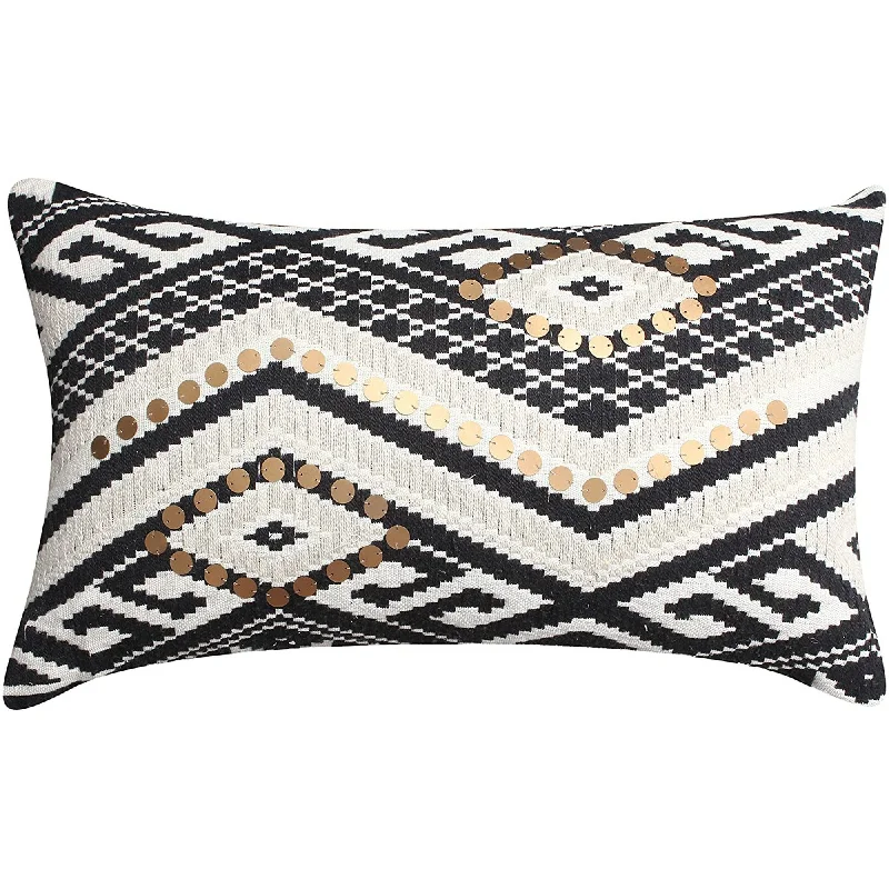 Round Pillows for Boho-Style InteriorsBenzara BM219700 Sequin Embellished Cotton Cushion Cover with Geometric Print,Black and White