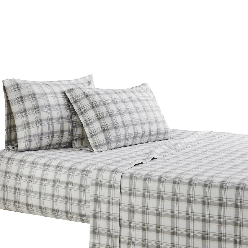 Polyester - Cotton Blend Sheets for Durability and ComfortRoma 4 Piece Full Sheet Set with Plaid Pattern The Urban Port, Gray and White