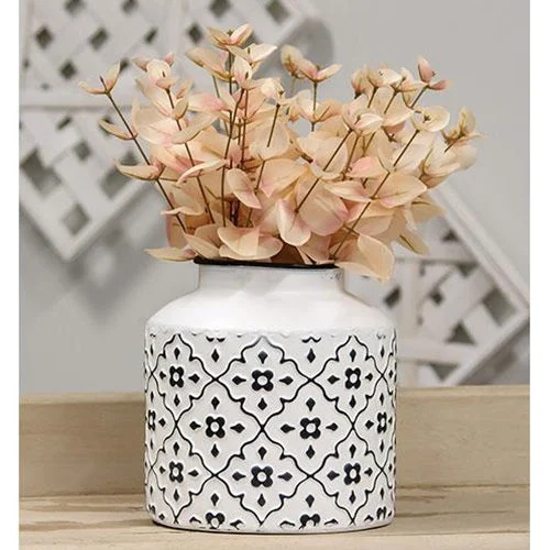 Black & White Floral Patterned Metal Vase Short