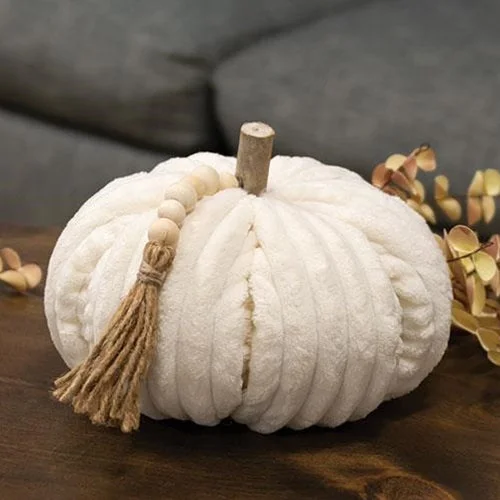 Cream Ribbed Pumpkin w/Beaded Tassel Large