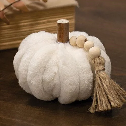 Cream Ribbed Pumpkin w/Beaded Tassel Small