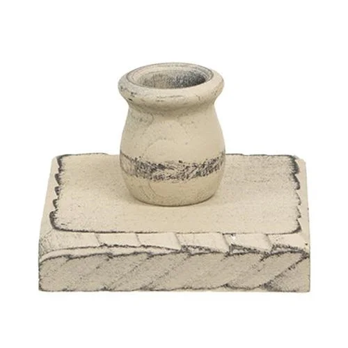 Distressed Buttermilk White Wooden Square Taper Holder