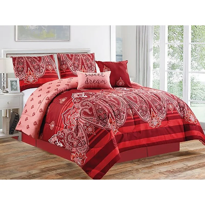 Down - filled comforters for supreme warmth and lightness5 Piece Comforter Set Soft Bedding Red Pink Pasiley Damask Queen Size