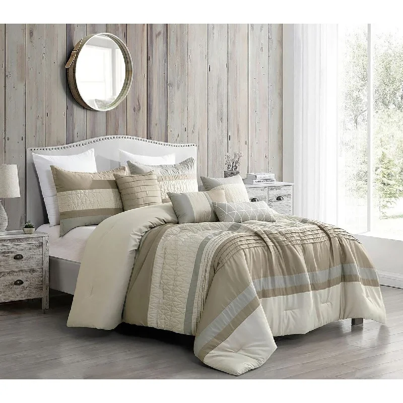 Goose down comforters known for their superior quality and insulation7 Piece Comforter Set Beige Grey Boho Striped Modern Embroidery Soft Bedding