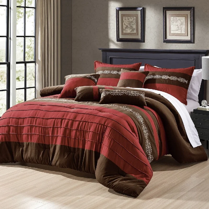 Cotton - filled comforters for a breathable and natural sleep experience7 Piece Comforter Set Burgundy Brown Striped Modern Embroidery Soft Bedding