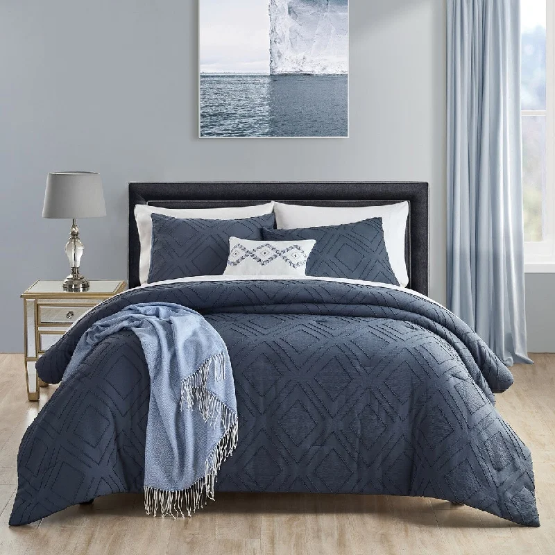 King - size comforters to fit large king - sized beds perfectlyBeaute Navy Blue Comforter Set,5 Piece Soft Microfiber Clipped Jacquard Bedspread Bedding Set King/Queen