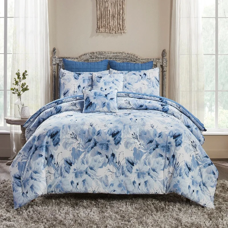 Cotton - filled comforters for a breathable and natural sleep experienceBetter Trends Rosalia Collection 7-Piece Microfiber Floral Comforter Set in Blue - Soft, Durable & Machine Washable