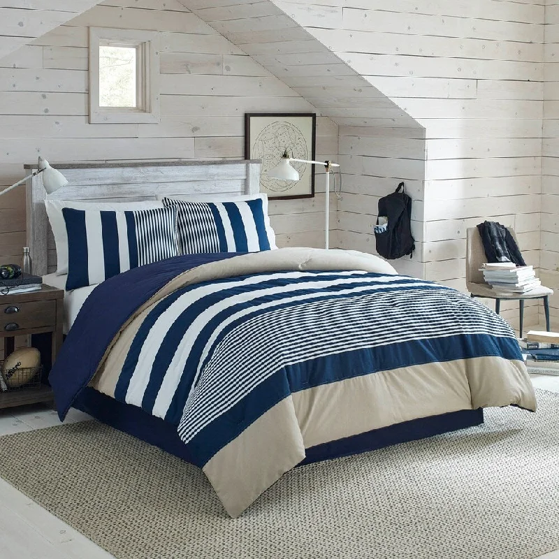 Silk - filled comforters for a luxurious and smooth touchIZOD Classic White, Blue, and Khaki Stripe 4-piece Comforter Set