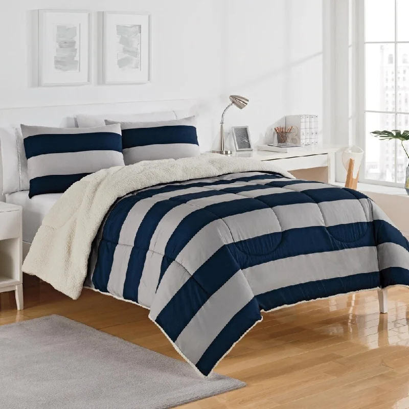 Full - size comforters suitable for full - sized beds in guest rooms or small bedroomsIZOD Rugby Stripe Grey/Navy Sherpa Comforter Set