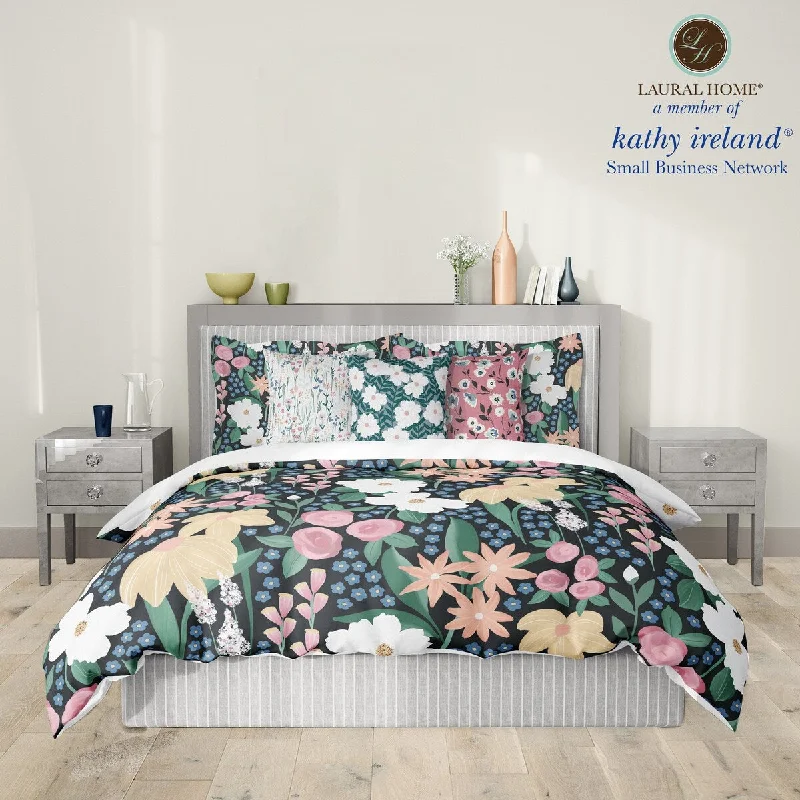 Wool - filled comforters with natural moisture - wicking and temperature - regulating featuresLaural Home kathy ireland® Small Business Network Member Delicate Floral Midnight Garden Queen Comforter - Full - Queen