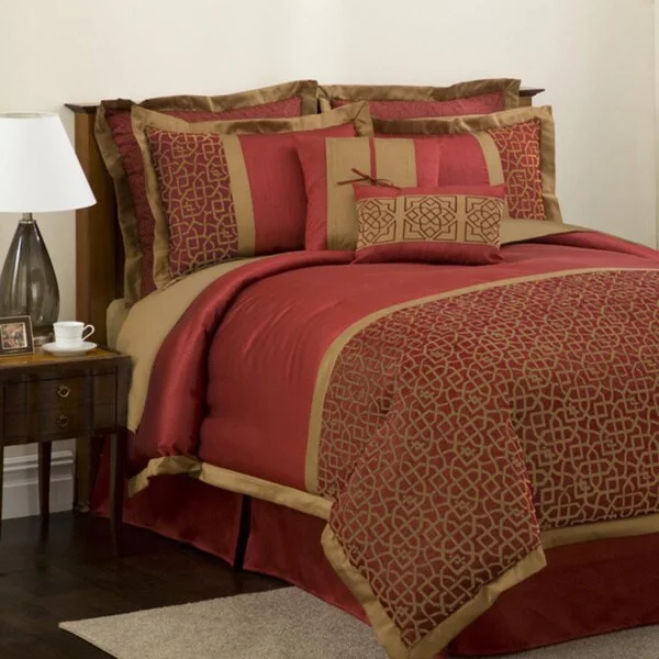 Latex - filled comforters with a bouncy texture and good supportLush Decor Red/ Gold Geometrica Gala 8-piece Comforter Set