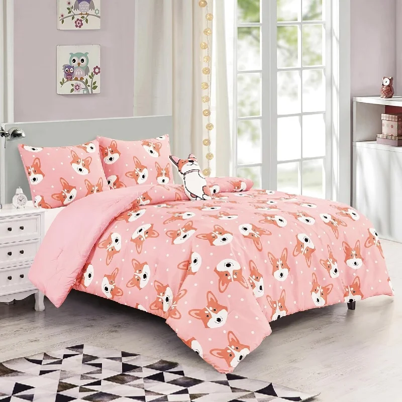 Duck down comforters with a softer feel and good warmth retentionPink Orange Corgi Dogs Kids Comforter Set Embroidery Soft Bedding Set