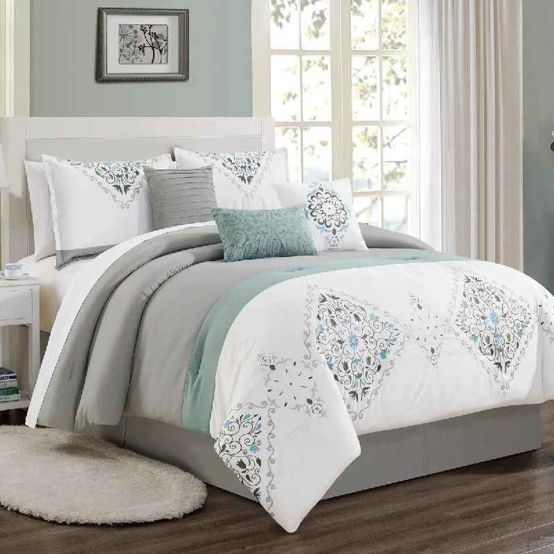 Latex - filled comforters with a bouncy texture and good supportPorch & Den Valenta Grey/White/Blue Microfiber 7-piece Comforter Set