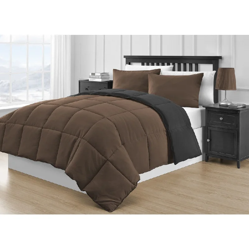 Synthetic - filled comforters like polyester for affordability and hypoallergenic propertiesReversible Black and Brown 3-piece Comforter Set