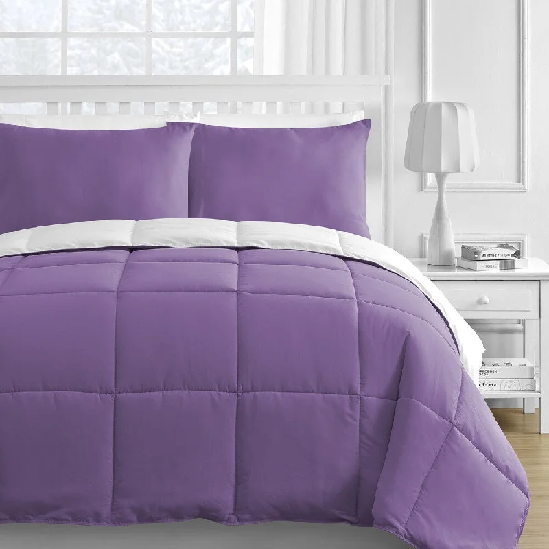 Silk - filled comforters for a luxurious and smooth touchReversible White and Purple 3-Piece Comforter Set