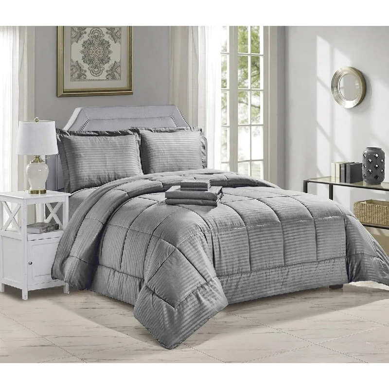 Cotton - filled comforters for a breathable and natural sleep experienceUltra Lush Queen Size Down Alternative 8 Piece Bed in a Bag Embossed Stripe Comforter Set - Grey